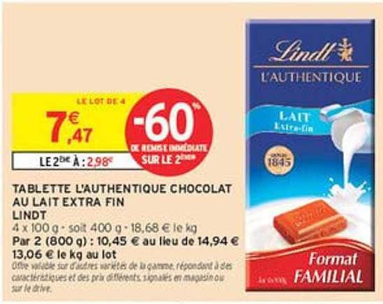 TABLETTE L'AUTHENTIQUE CHOCOLAT AU LAIT EXTRA FIN LINDT