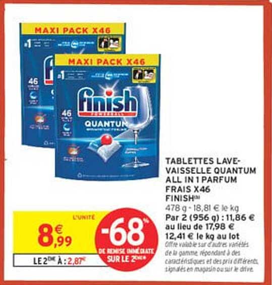 TABLETTES LAVE-VAISSELLE QUANTUM ALL IN 1 PARFUM FRAIS X46 FINISH
