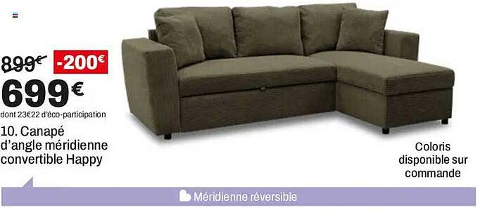 10. Canapé d'angle méridienne convertible Happy