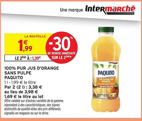 100% PUR JUS D'ORANGE SANS PULPE PAQUITO