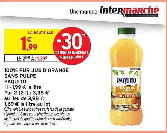 100% PUR JUS D'ORANGE SANS PULPE PAQUITO