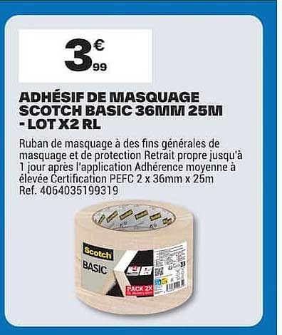 ADHÉSIF DE MASQUAGE SCOTCH BASIC 36MM 25M - LOT X2 RL