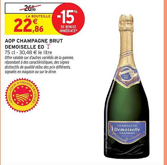 AOP CHAMPAGNE BRUT DEMOISELLE EO 75 cl - 30,48 € le litre