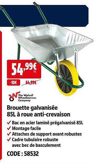 Brouette galvanisée 85L à roue anti-crevaison