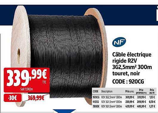 Câble électrique rigide R2V 3G2,5mm² 300m touret, noir