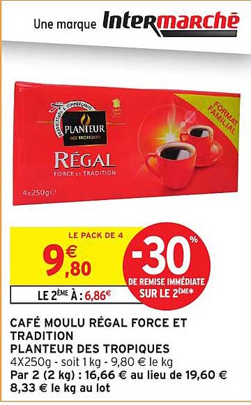 CAFÉ MOULU RÉGAL FORCE ET TRADITION PLANTEUR DES TROPIQUES 4X250g