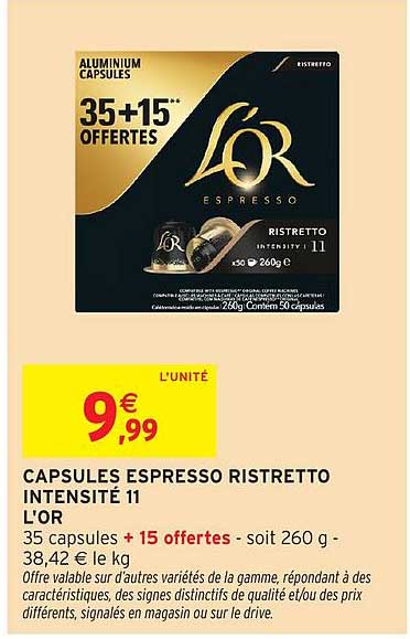 CAPSULES ESPRESSO RISTRETTO INTENSITÉ 11 L'OR 35 capsules + 15 offertes
