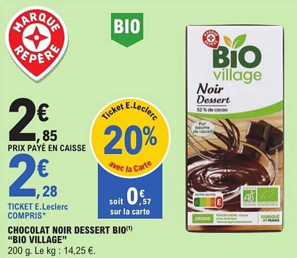 CHOCOLAT NOIR DESSERT BIO(1) “BIO VILLAGE”