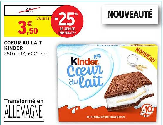 COEUR AU LAIT KINDER 280 g - 12,50 € le kg