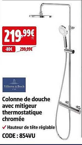Colonne de douche avec mitigeur thermostatique chromée