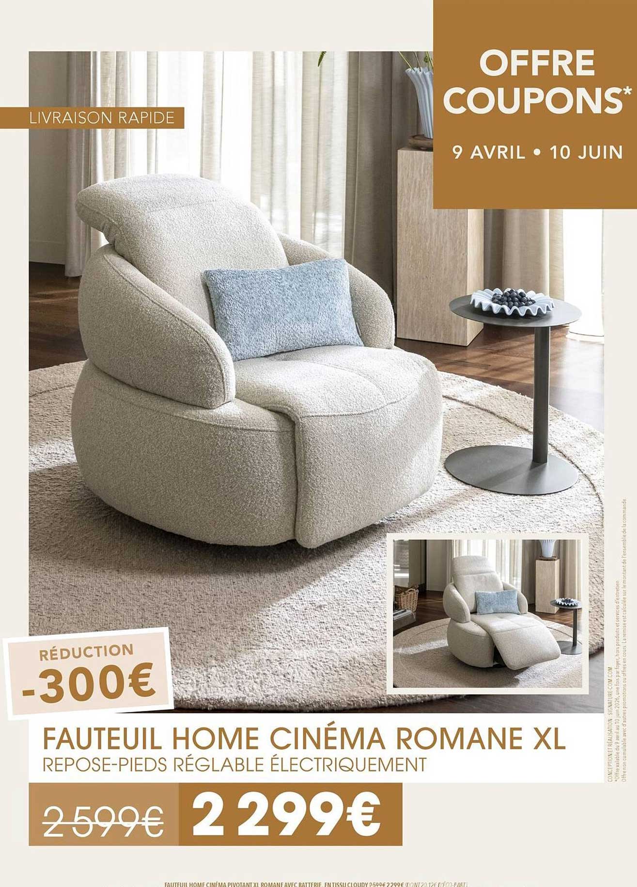 FAUTEUIL HOME CINÉMA ROMANE XL REPOSE-PIEDS RÉGLABLE ÉLECTRIQUEMENT