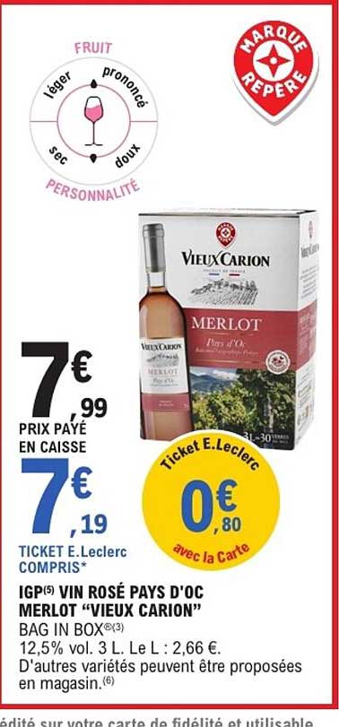 IGP(5) VIN ROSÉ PAYS D'OC MERLOT “VIEUX CARION” BAG IN BOX