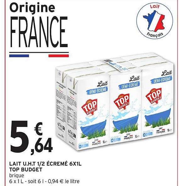 LAIT U.H.T 1/2 ÉCRÉMÉ 6X1L TOP BUDGET