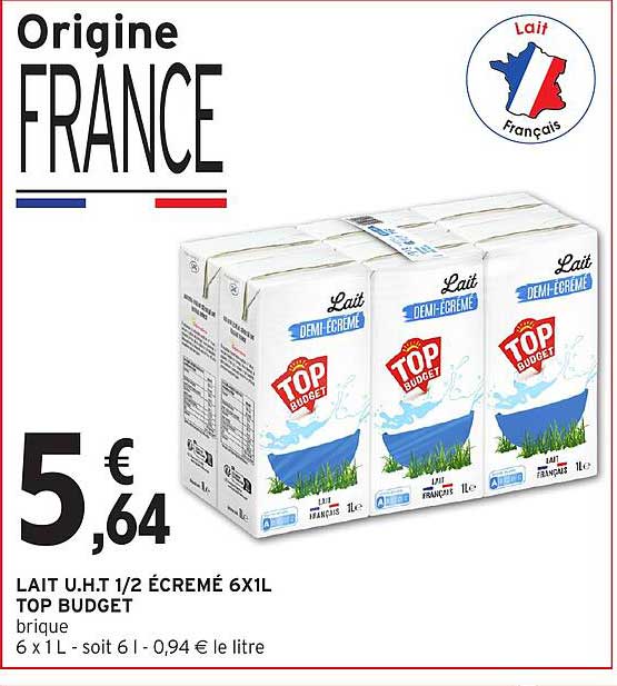 LAIT U.H.T 1/2 ÉCRÉMÉ 6X1L TOP BUDGET