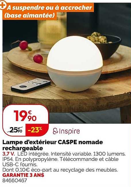 Lampe d'extérieur CASPE nomade rechargeable