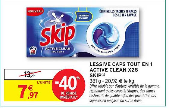 LESSIVE CAPS TOUT EN 1 ACTIVE CLEAN X28 SKIP