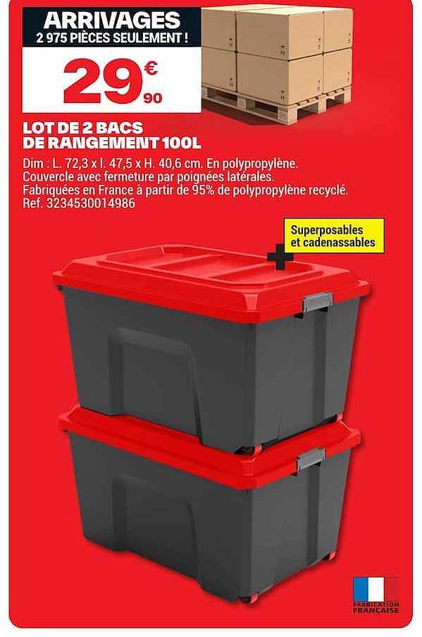 LOT DE 2 BACS DE RANGEMENT 100L