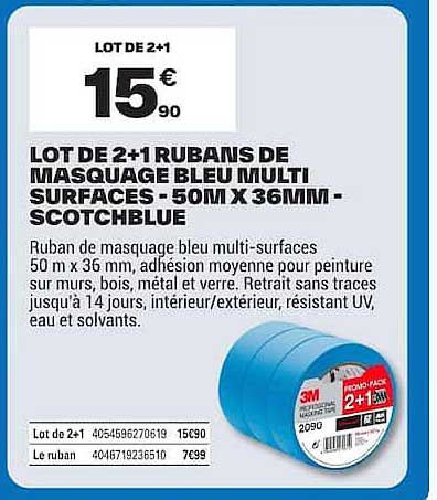 LOT DE 2+1 RUBANS DE MASQUAGE BLEU MULTI SURFACES - 50M X 36MM - SCOTCHBLUE
