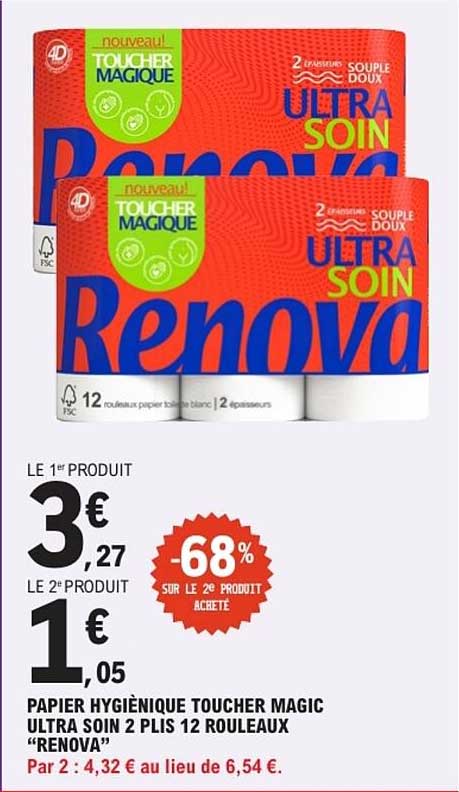 PAPIER HYGIÉNIQUE TOUCHER MAGIC ULTRA SOIN 2 PLIS 12 ROULEAUX “RENOVA”