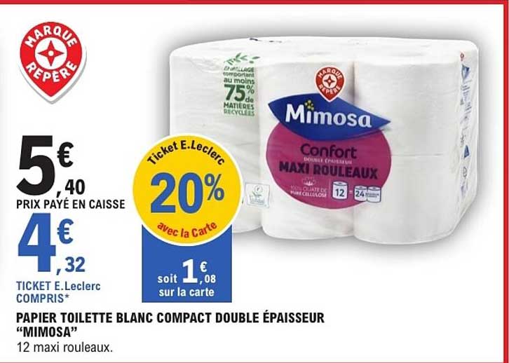 PAPIER TOILETTE BLANC COMPACT DOUBLE ÉPAISSEUR “MIMOSA”