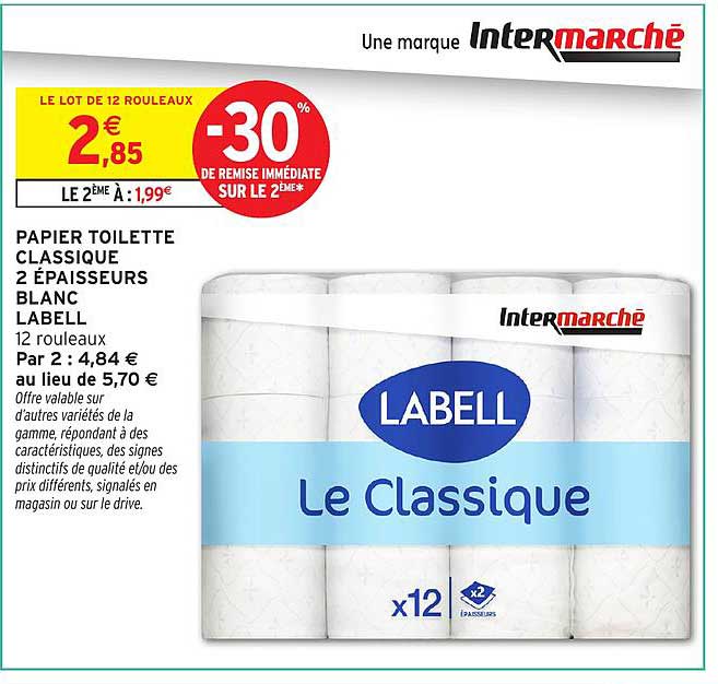 PAPIER TOILETTE CLASSIQUE 2 ÉPAISSEURS BLANC LABELL 12 rouleaux