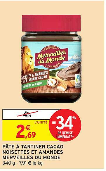 PÂTE À TARTINER CACAO NOISETTES ET AMANDES MERVEILLES DU MONDE