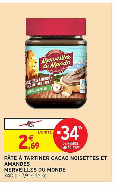 PÂTE À TARTINER CACAO NOISETTES ET AMANDES MERVEILLES DU MONDE