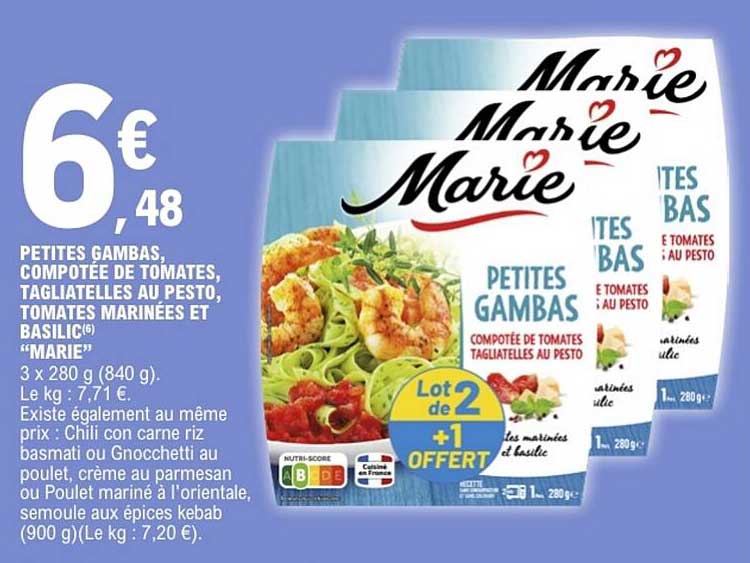 Petites gambas, compotée de tomates, tagliatelles au pesto, tomates marinées et basilic «Marie»