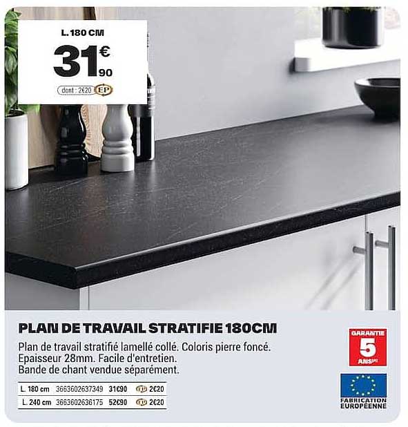PLAN DE TRAVAIL STRATIFIÉ 180CM