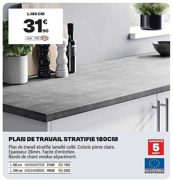 PLAN DE TRAVAIL STRATIFIÉ 180CM