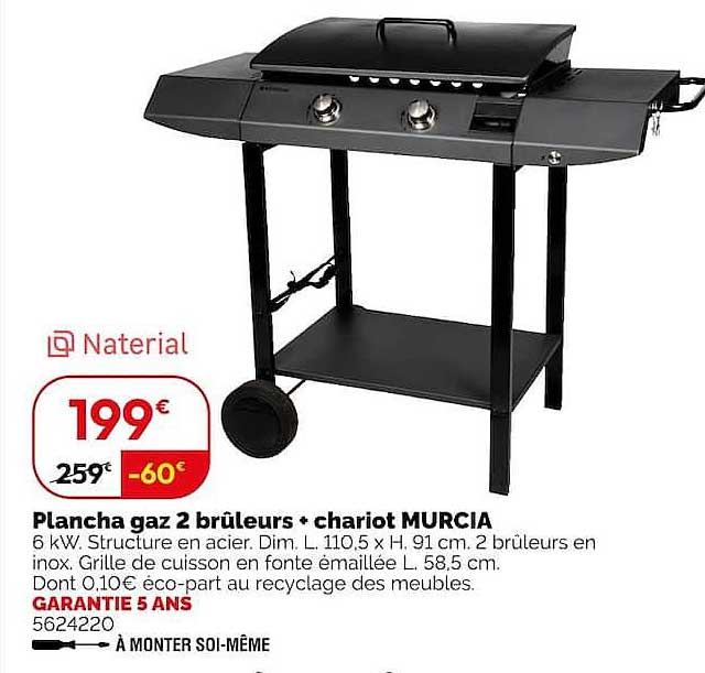 Plancha gaz 2 brûleurs + chariot MURCIA