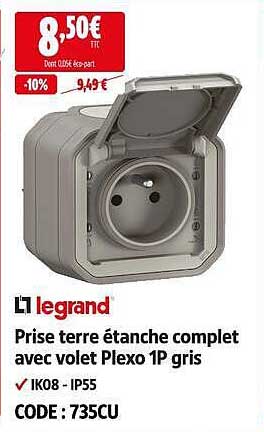 Prise terre étanche complet avec volet Plexo 1P gris