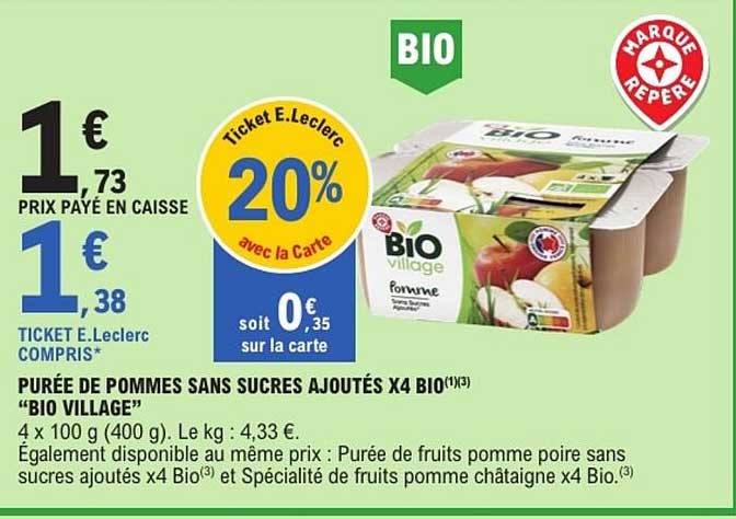 PURÉE DE POMMES SANS SUCRES AJOUTÉS X4 BIO "BIO VILLAGE"