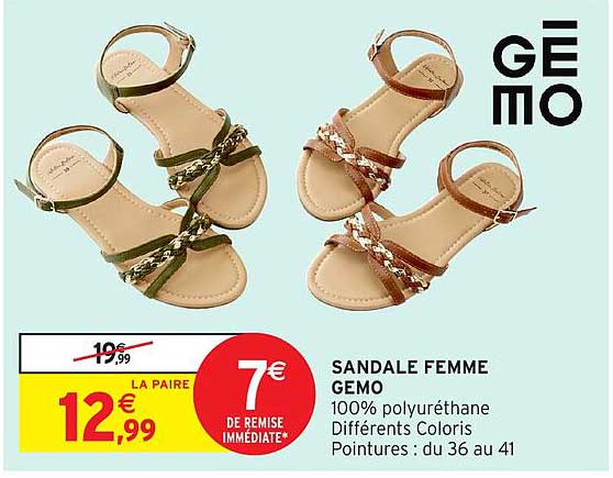SANDALE FEMME GEMO 100% polyuréthane Différents Coloris Pointures : du 36 au 41