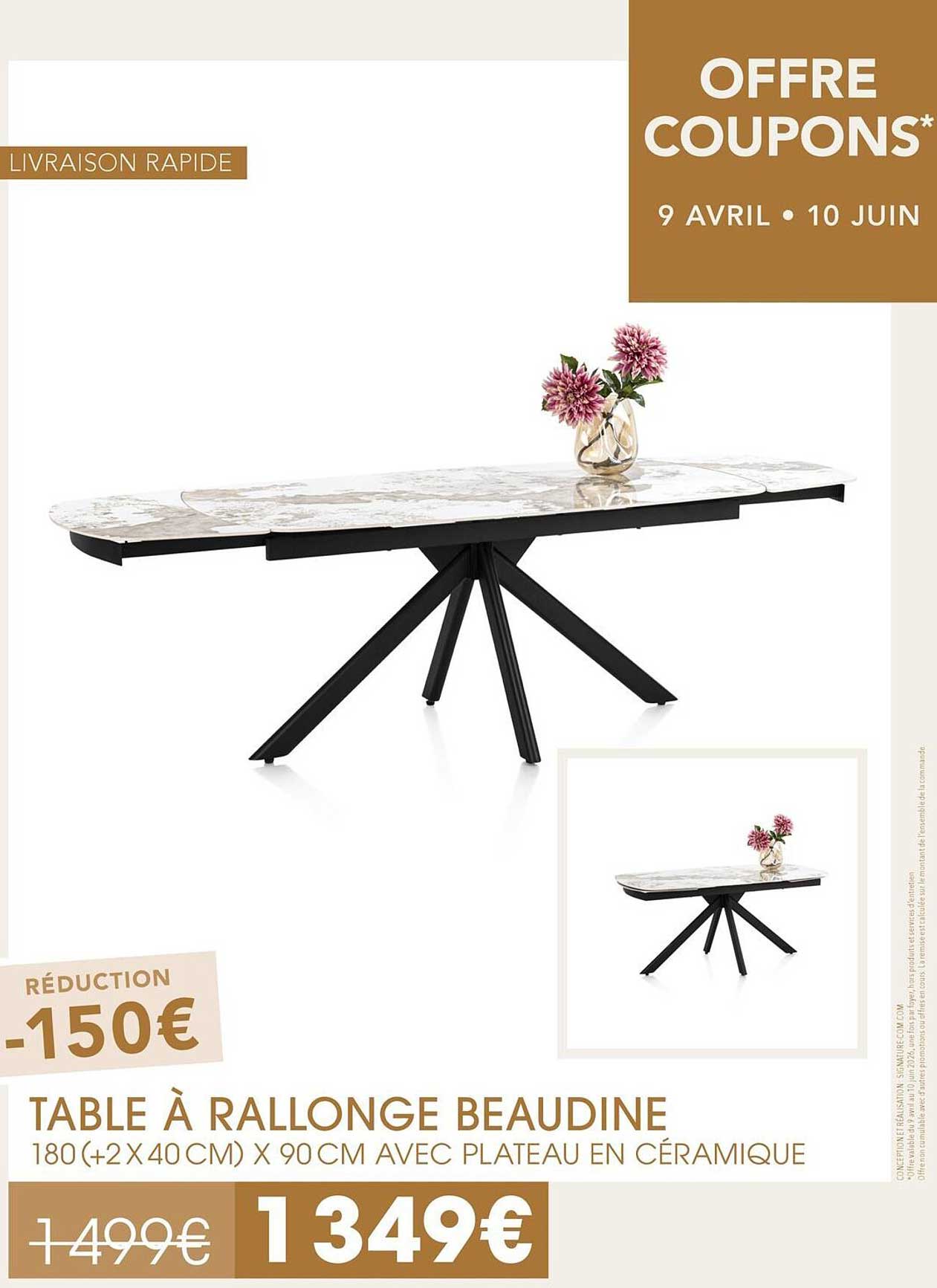 TABLE À RALLONGE BEAUDINE 180 (+2 X 40 CM) X 90 CM AVEC PLATEAU EN CÉRAMIQUE