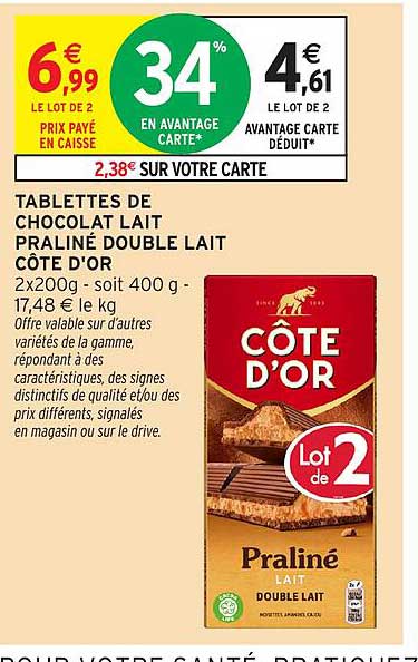 TABLETTES DE CHOCOLAT LAIT PRALINÉ DOUBLE LAIT CÔTE D'OR