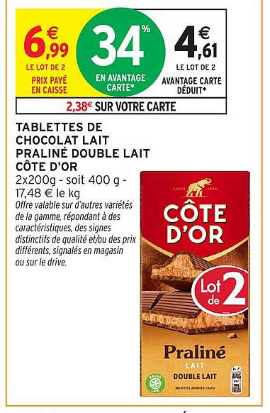 TABLETTES DE CHOCOLAT LAIT PRALINÉ DOUBLE LAIT CÔTE D'OR
