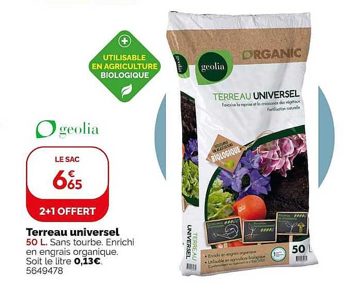 Terreau universel 50 L. Sans tourbe. Enrichi en engrais organique. Soit le litre 0,13€.