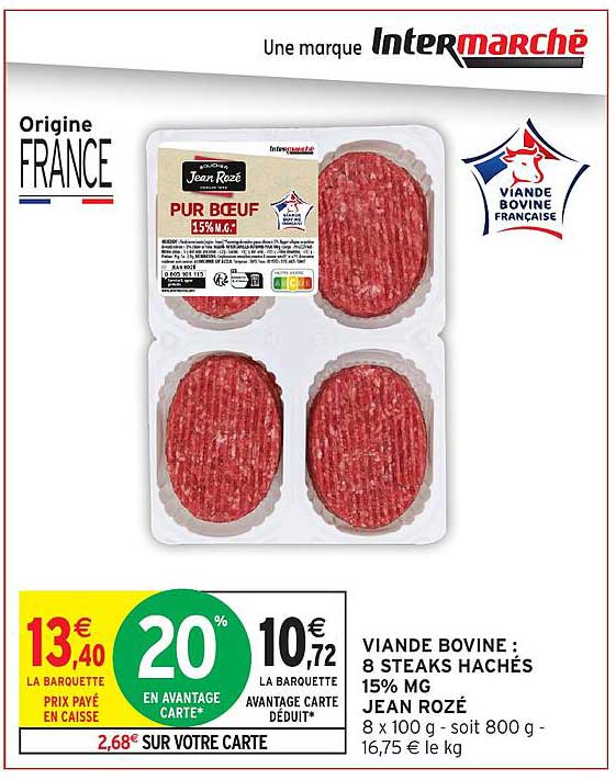 VIANDE BOVINE : 8 STEAKS HACHÉS 15% MG JEAN ROZÉ