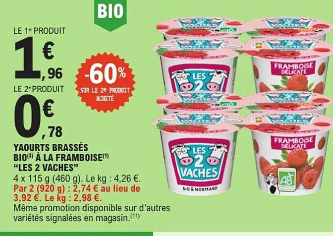 YAOURTS BRASSÉS BIO(3) À LA FRAMBOISE(1) «LES 2 VACHES»