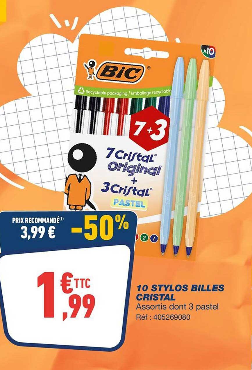 10 stylos billes Cristal Assortis dont 3 pastel