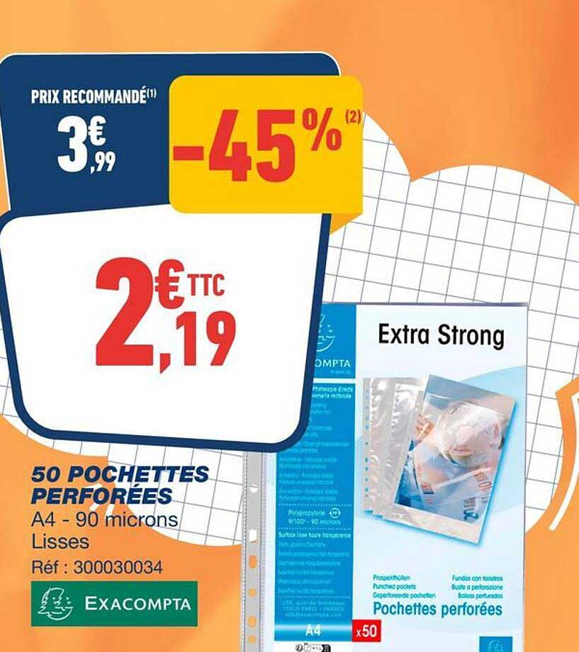 50 POCHETTES PERFOREES A4 - 90 microns Lisses