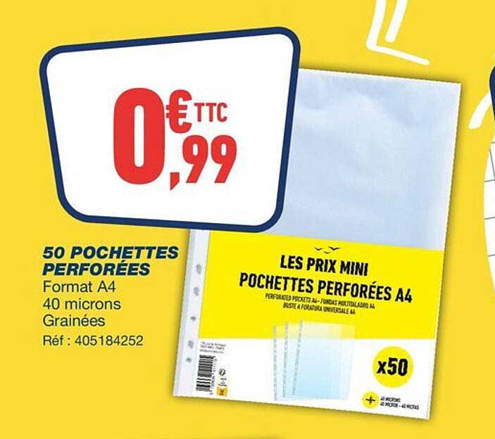 50 POCHETTES PERFOREES Format A4 40 microns Grainées Réf : 405184252