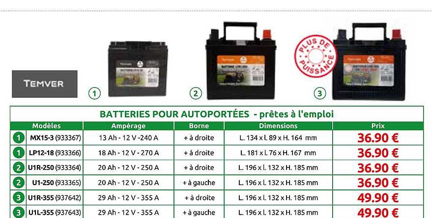 BATTERIES POUR AUTOPORTÉES - prêtes à l'emploi