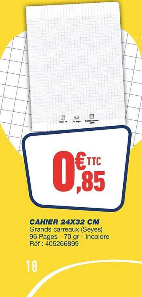 CAHIER 24X32 CM Grands carreaux (Seyes) 96 Pages - 70 gr - Incolore