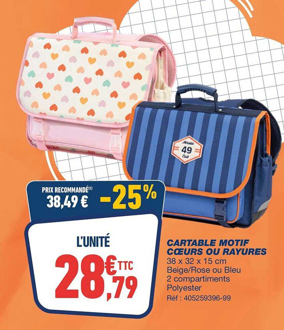 CARTABLE MOTIF CŒURS OU RAYURES