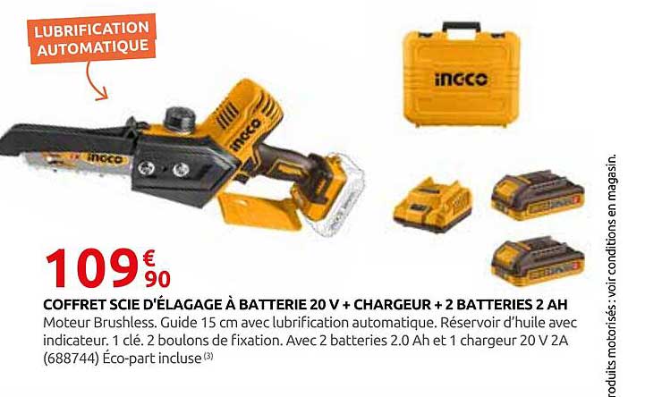 COFFRET SCIE D'ÉLAGAGE À BATTERIE 20 V + CHARGEUR + 2 BATTERIES 2 AH