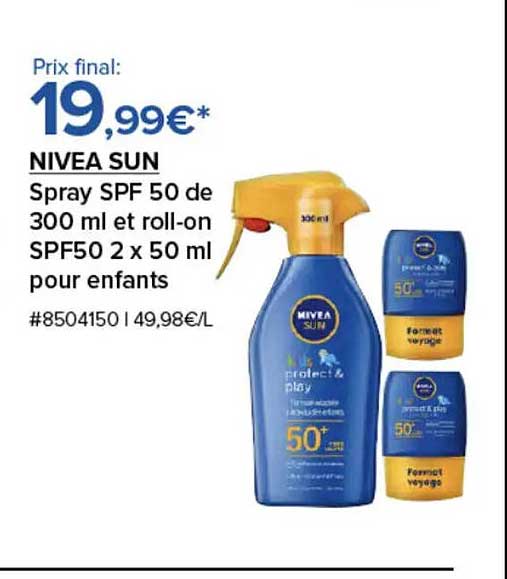 NIVEA SUN Spray SPF 50 de 300 ml et roll-on SPF50 2 x 50 ml pour enfants