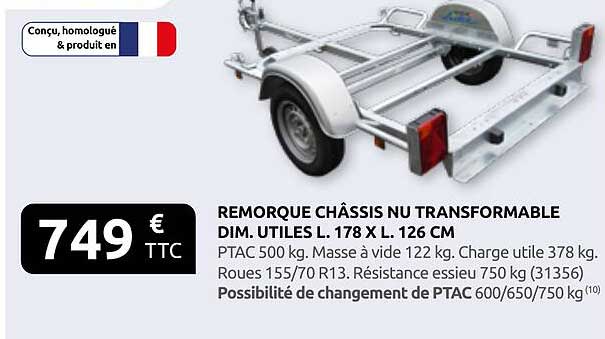 REMORQUE CHÂSSIS NU TRANSFORMABLE DIM. UTILES L. 178 X L. 126 CM