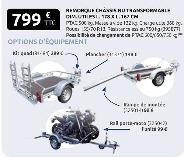 REMORQUE CHÂSSIS NU TRANSFORMABLE DIM. UTILES L. 178 X L. 167 CM